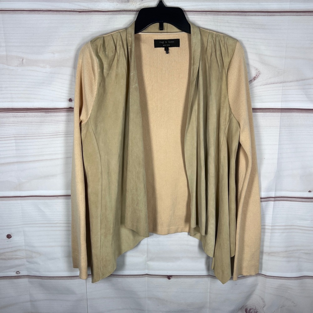 Rag & Bone Suede Combo Cardigan Womens Small Tan Open Front Knit Long Sleeve